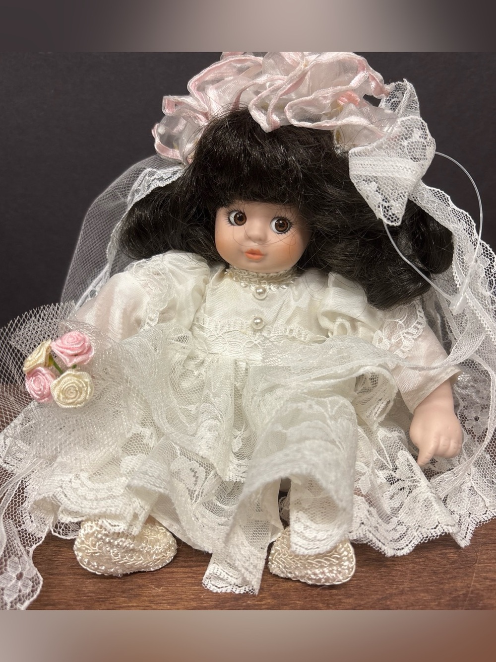 Porcelain Bride Doll with Dark Hair and Lace Gown